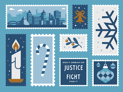Just City Holiday Mailer bell blue candle candy cane christmas city design holiday holidays illustration justice mailer memphis minimal modern ribbon snow snowflake