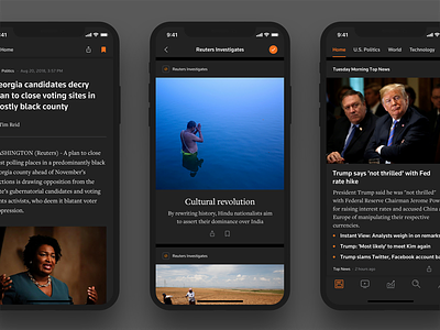 Reuters News Night Mode cards dark mode feed mobile news personalized real news reuters