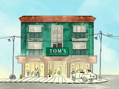 Illustration for Tom's restaurant bangalore digital illustration nostalgic old painting