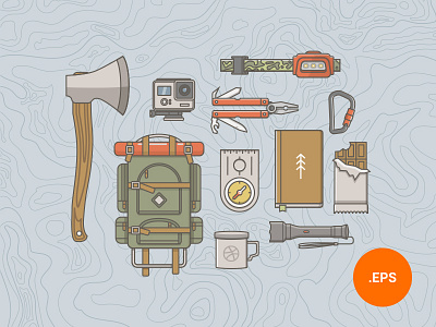 What to Bring on a Hike 2018 adventure contour flat icons freebies gear hiking icons illustration outdoor set vintage