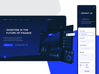 WIP - Cryptocurrency investment landing page bitcoin blue web calculator chart clean contact us crypto landing cryptocurrency dark ui dark web figma interface investment landing page minimalist mobile ui responsive slider ui design webdesign