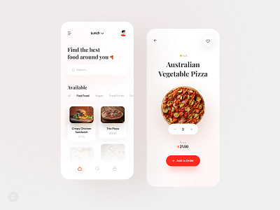 Food Delivery App app application card delivery dribbble food food and drink food app hamburger lunch order ordering pizza red search tab bar ui uiux ux vegan