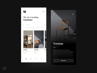 Furniture Gallery App app application black black and white color concept dark design dribbble ecommerce furniture image minimal mobile product product page shop tab bar ui ux