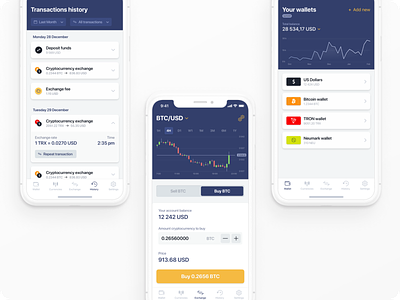 Crypto app banking bitcoin bitcoin services bitcoin wallet coin crypto cryptocurrency dark blue dashboard ui ethereum finance financial interface minimal mobile design neat trader usd ux