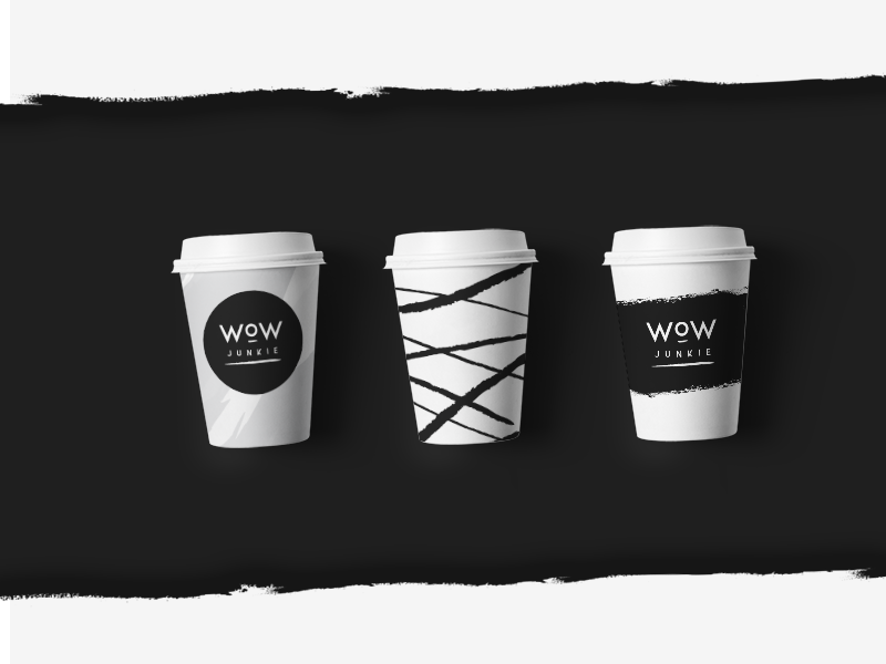 Wow Junkie - visual identity packaging logo lettering fashion cup wow cosmetics coffee brush brand icon mockup