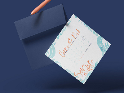 Carrie And Nick's Save The Date beach design invitation save the date script square typography watercolor