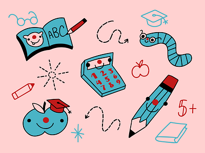 School subjects with funny faces :) book calculator childrens illustration doodle drawing funny graphic design illustration knowledge pen school school items sketch stickers ui value vector worm