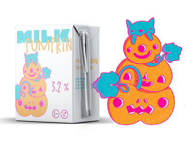 illustration of halloween pumpkin milk for children :) alternative milk branding childrens illustration corporate identity design doodle funny graphic design halloween illustration inktober packaging design procreate pumpkin pumpkins with funny faces vectober