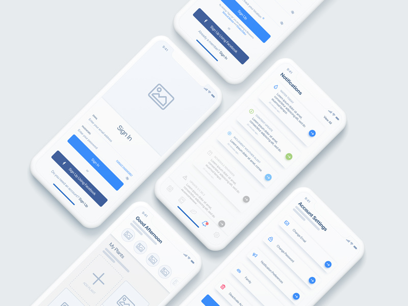 Blossom App Wireframe sketch iphone x diffused gradient ui app account setting notifications sign up sign in plant app high-fidelity wireframe wireframe