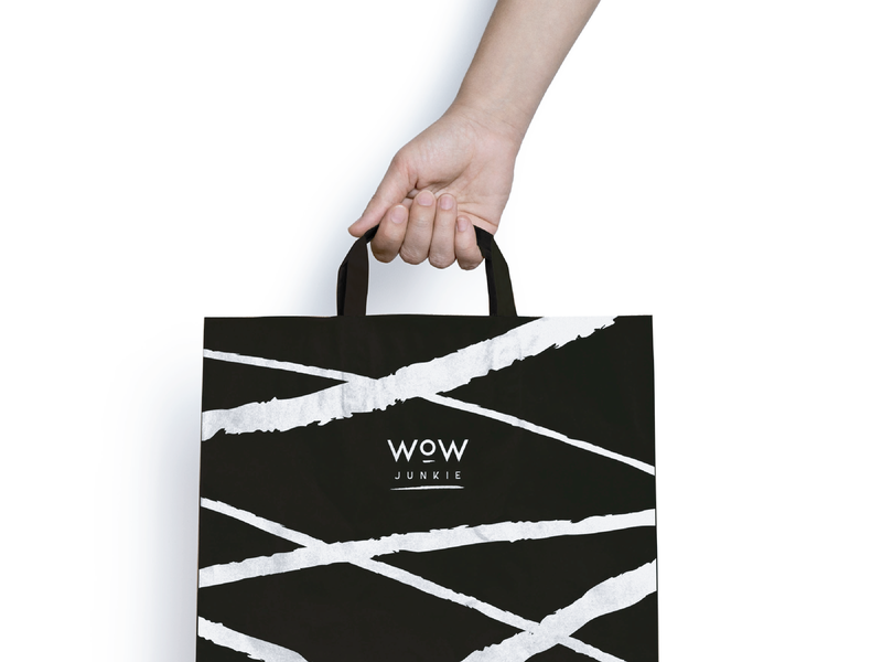 Wow Junkie Branding Bag beauty black and white branding brush cosmetics design fashion icon identity illustration letter lettering logo minimal print typography ui vector visual identity wow