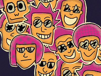 Rock Stickers expressions face faces glasses halftone human illustration magenta orange people portrait procreate purple retro retro supply rocket rockstar sunglasses texture