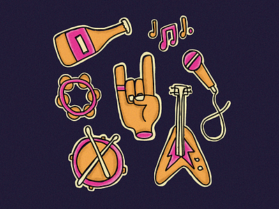 Rock & Roll beer bottle doodle drum drum sticks guitar mic microphone music musician notes pink retro rock and roll rock on sticker stickers tambourine texture tunes
