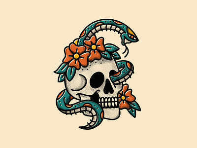 Snake Skull american traditional floral flower gold head human old paper person retro skull snake tattoo teal texture vintage