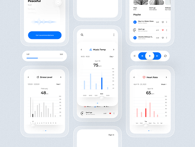 Biometrical music recommendation app android app app application ui biometrical app clean ui dashboard app dashboard ui flat ios minimal mobile design music player music recommendation smartwatch tracking app ui user experience user interface ux uxui