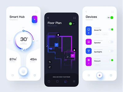 Smart Hub Application design app application design clean ui consumption design devices fingerprint floorplan home minimal mobile app neumorphic smart smarthome switch thermostat ui uiux ux