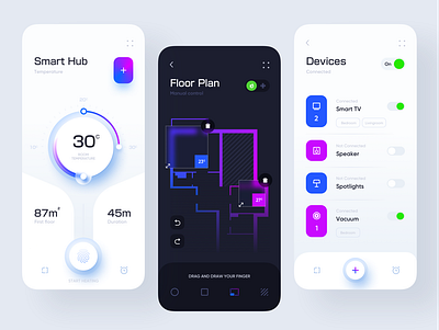 Smart Hub Application design app application design clean ui consumption design devices fingerprint floorplan home minimal mobile app neumorphic smart smarthome switch thermostat ui uiux ux