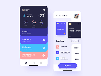 My Resident app (Home & Payment screen) apartments app cards event flat invoice mailroom mantenance mobile ui myresident package payment resident resident app ui uiux uiuxdesign ux weather