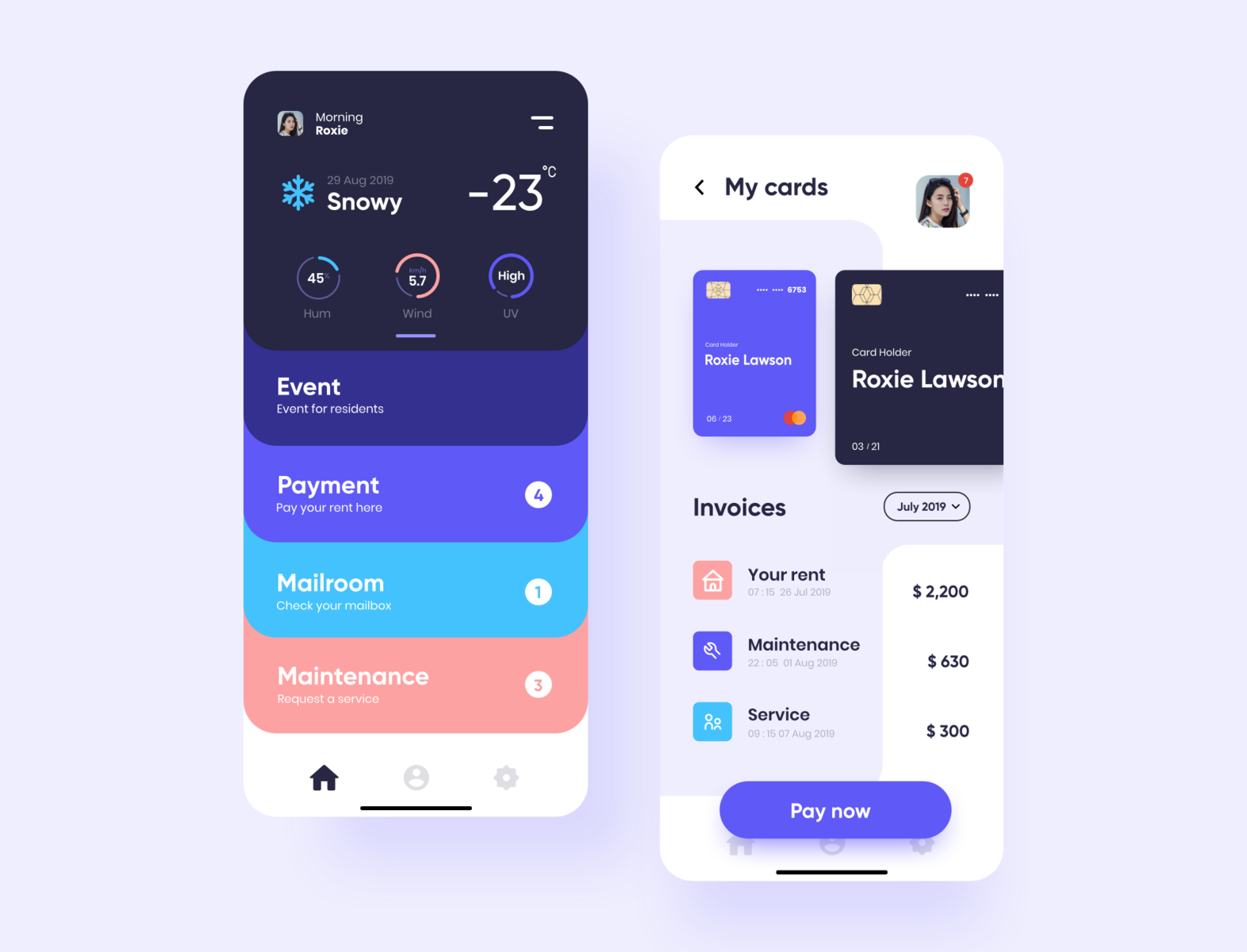 My Resident app (Home & Payment screen) by Ariuka for Solitude on Dribbble