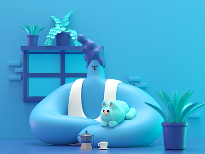 Blue 3d blue cat cinema4d coffee illustration