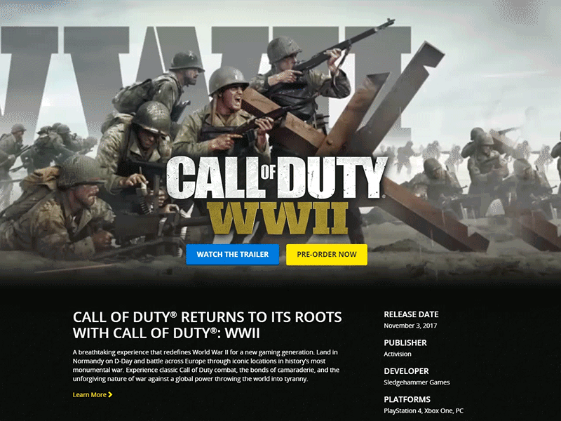 Call Of Duty: WWII landing page call of duty clean design e commerce gaming landing page layout motion ux