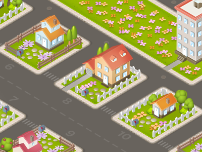 Happy Houses building flower house isometric road