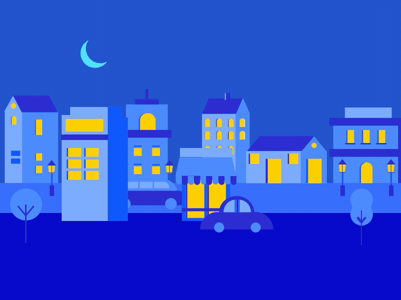 Cityscape Animation blue buildings cars city cityscape day houses moon night pink sun trees