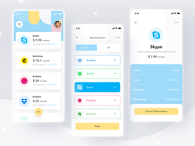 Subscriptions Manager App app card cards clean design dribbble ios mobile netflix pay payment profile simple skype subscription ui