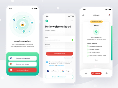 VPN Mobile App app browser card cards clean connected design internet ios mobile network profile security shield simple subscribe ui vpn