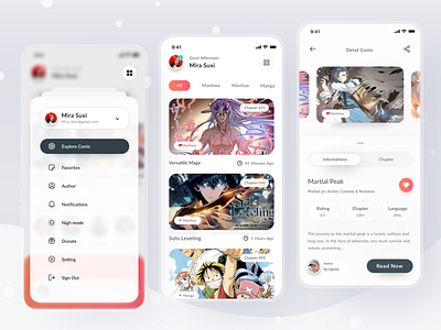 Comic App anime app card cards clean comic design ios login manga mobile news newsletter profile simple ui