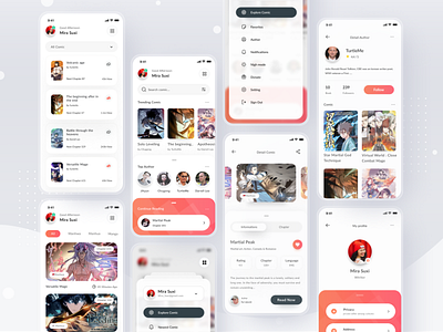 Comic App anime app card clean comic design illustration ios login manga mobile news newsfeed profile ui