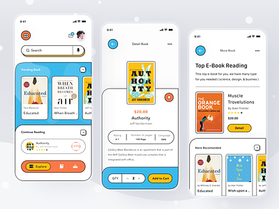 e-Book Reader App app book card checkout clean comic design ebook illustration ios mobile novel profile read reading shop store ui