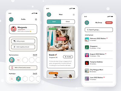 Motherhood Apps app card child clean community design ios kids love meet mobile mother parent profile ui