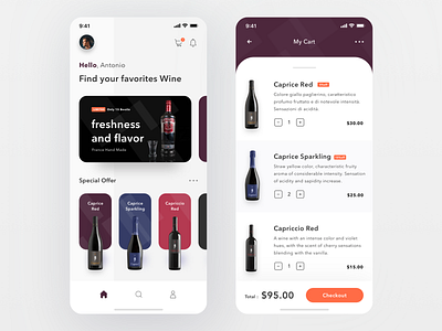 Wine Shop App alcohol app card cards cart clean dashboard design drink ecommerce ios login mobile profile shop trello ui wine