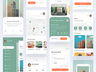 Hotel Search App apartment app booking card cards clean design hotel house ios login mobile onboarding profile property rent ui