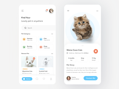 Pet Sharing App adopt adoption animal app card cards cat clean conservation design dog donate ios mobile pet pets ui