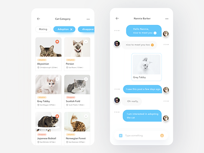 Pet Sharing App adopt adoption animal app card cat chat clean conservation design dog donate ios message mobile pet petshop profile simple ui