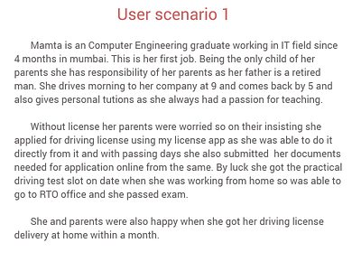 User Scenario 1 - My license app best digital solution driving license india problem solving renew license user experience user research user scenarios ux design