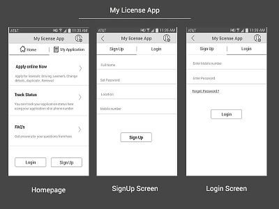 My License App - Homepage and Login / Sign Up Screens best design designer ethnography india license mobile portfolio research user experience ux wireframe