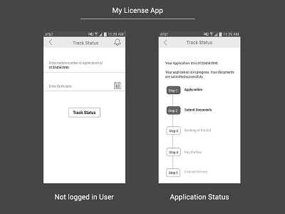 My License App - Tracking status screens best design designer ethnography india license mobile portfolio research user experience ux wireframe