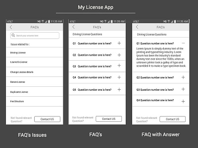 My License App - FAQ's screens best design designer ethnography india license mobile portfolio research user experience ux wireframe