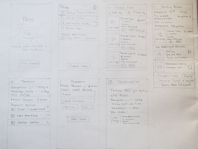 Tripz - Home page and Car booking journey Sketches