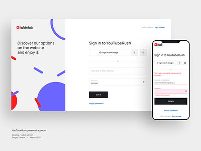 Sign In to YouTubeRush adaptive clean enter form launch login mobile product resolution sign in social media design ui uiux ux web
