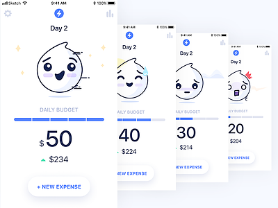 iOS app - Daily Budget Main Screen app budget cards clean diary emojis illustration ios mobile moods simple