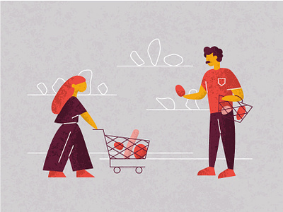 Brand Message — 1 of 2 branding cart characters compare consumer flat grocery holding illustration marketing minimal modern people products retail shopping standing texture thinking trendy
