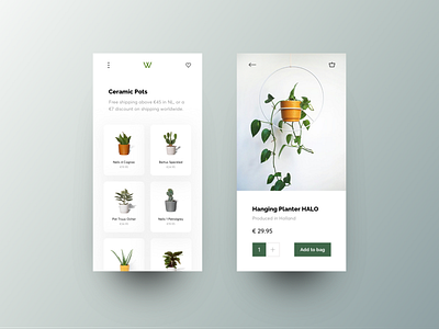 Wildernis — 3 of 3 cart ceramics checkout garden interface layout leaves mobile plants product card ui ux webdesign