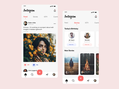 Instagram Redesign Concept adobe xd app app design feed instagram instagram post instagram stories menu menu bar pink social app social media socialmedia story ui ui design ui.hossein ux design