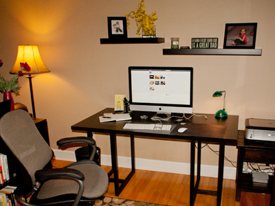 Office canon printer chair desk dot grid journal green lamp imac iphone 4 keyboard mac mouse rug shelves