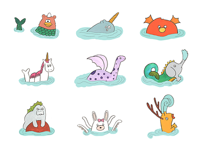 Sea Monsters bear bunny duck elephant fish illustration manatee monsters narwhal octopus sea monsters unicorn