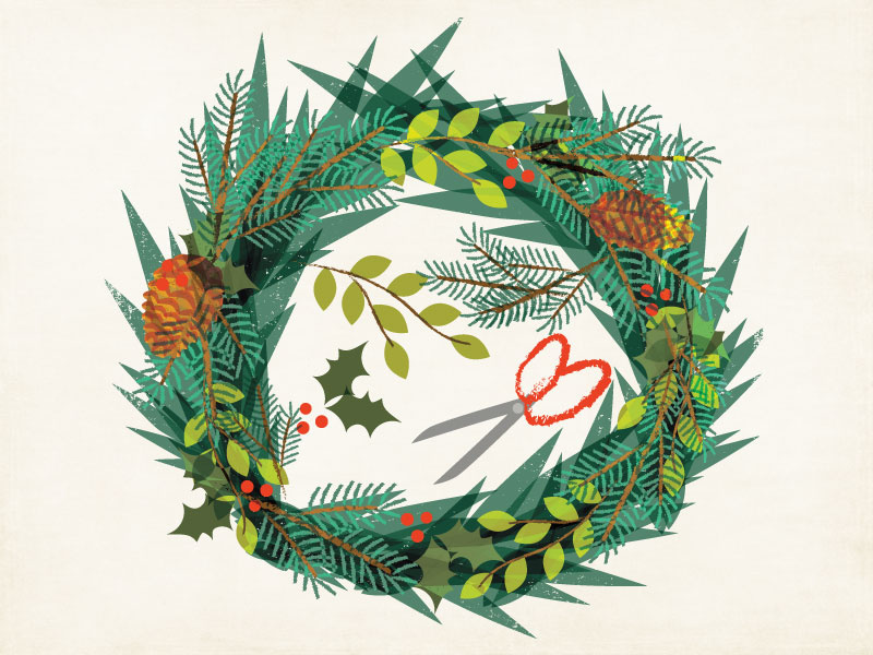 Holiday Wreath Workshop Illustration illustration christmas wreath workshop evergreens pattern flat design pinecone seasonal