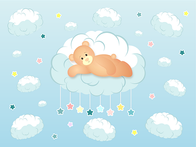 Baby bear lies on a cloud